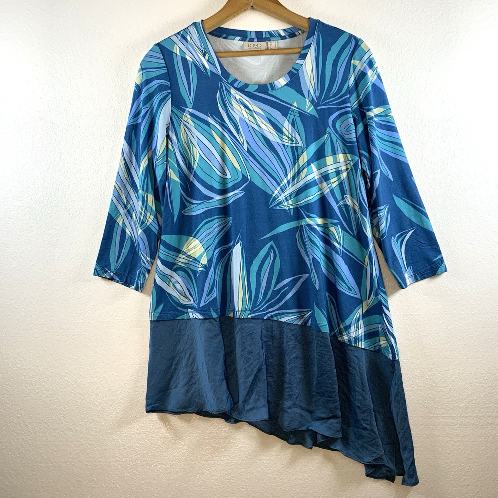 LOGO Womens Tropical Leaf Assymetrical Tunic Top‎ Sz S Blue Jersey Stretch Artsy